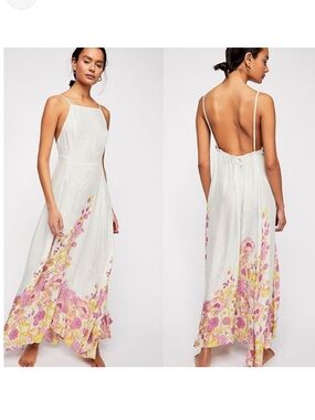 Free People Embrace It Floral Maxi Dress Sz S Pastel Green Open Back Boho Beachy